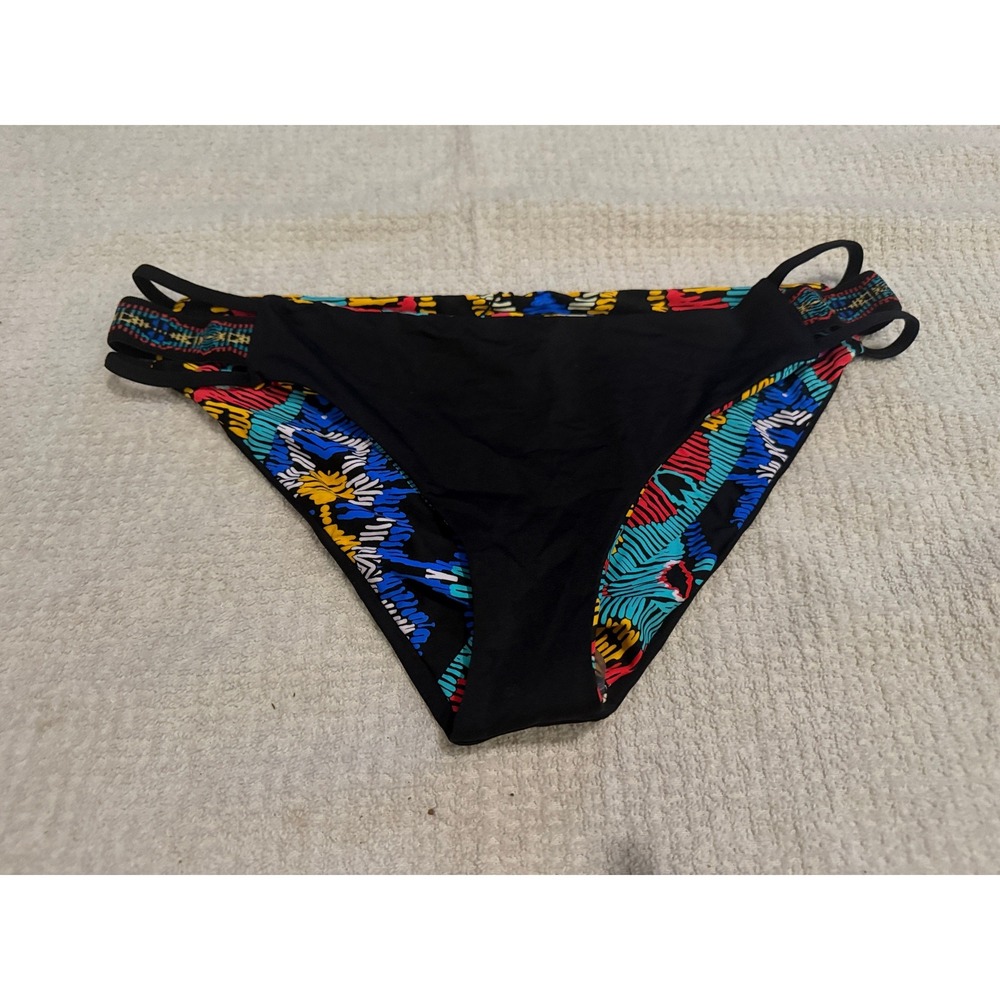 L Space Bikini Bottom Tribal Geometric Print Strappy Sides Black Multi Large